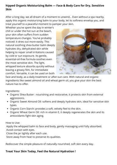 Natural whipped body balm for dry and sensitive skin, handmade, nourishing, and soothing skincare product in a glass jar.